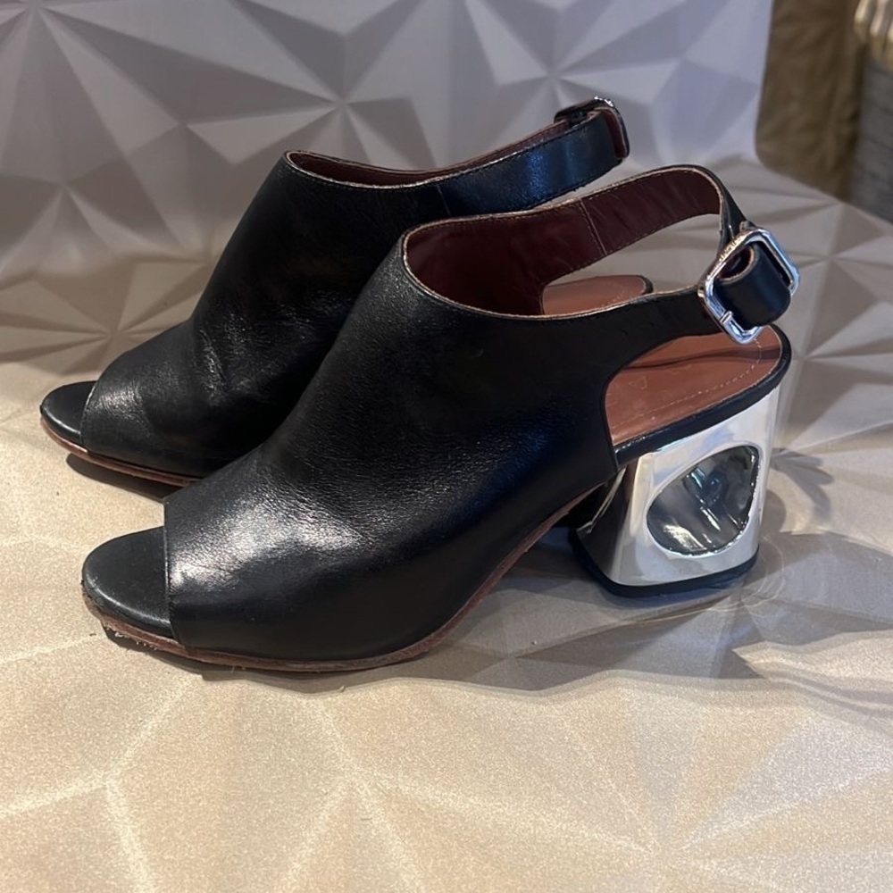 Marni Black Leather Heels with Silver Block Heel size EU37